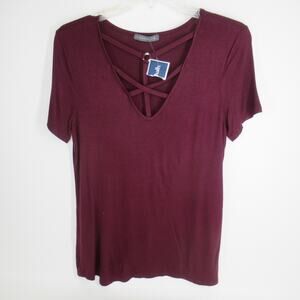 West Coast Love Top Women Large Burgundy Rayon Short Sleeve Front Straps